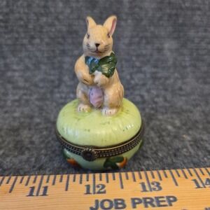 Rabbit Carrot Porcelain Round Trinket Box Small Hinged Metal Lid Figural Decor